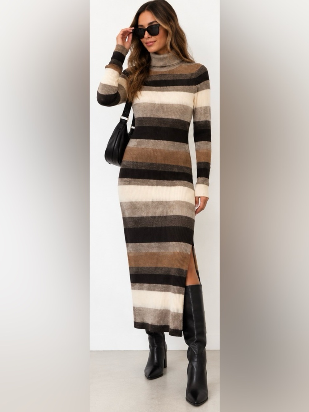 NWT Charter Club 100% Cashmere Striped Turtleneck Maxi Sweater Dress Medium